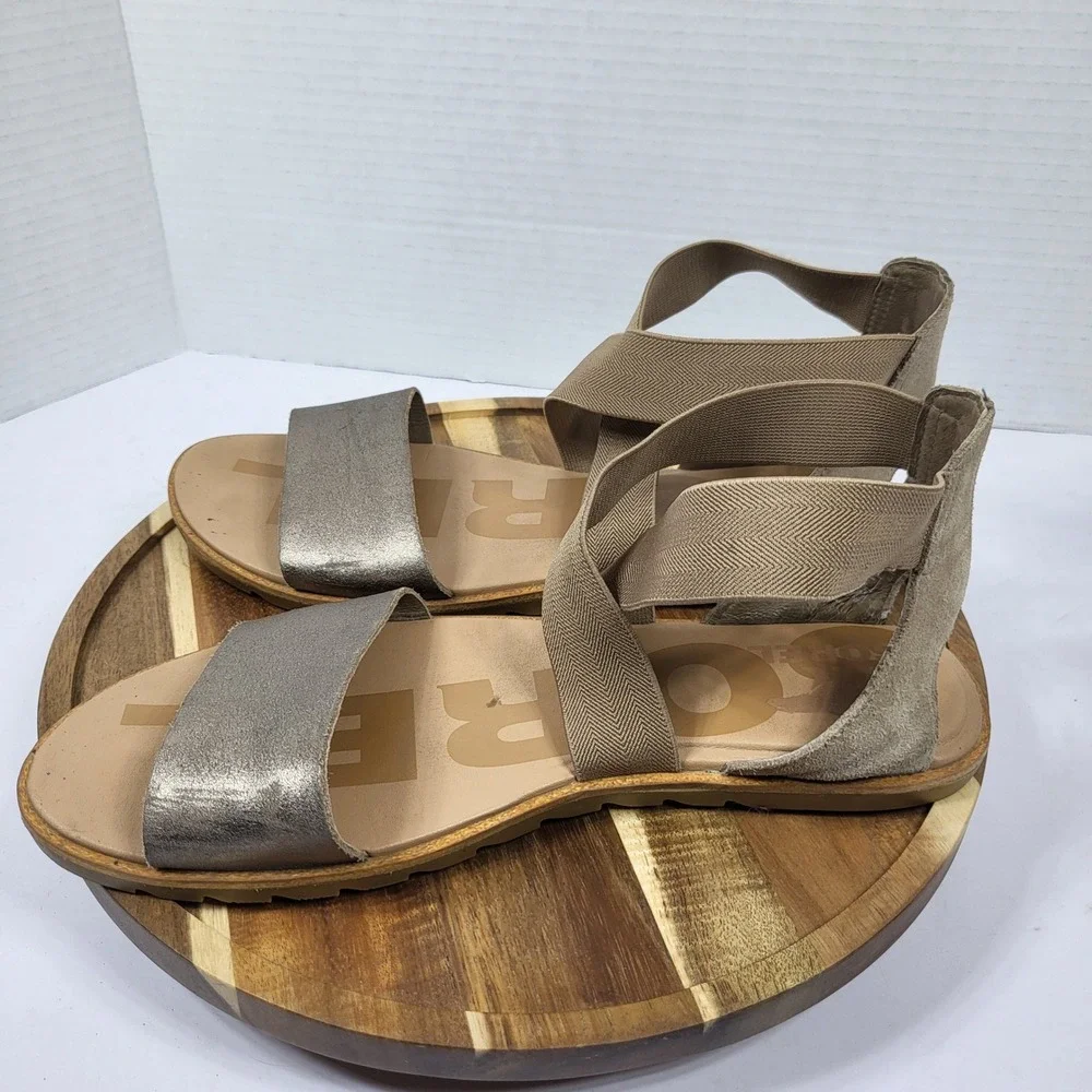 Sorel Ella II Metallic Sage Green Stretch Strap Sandals‎ NL4053-240 Womens 9.5